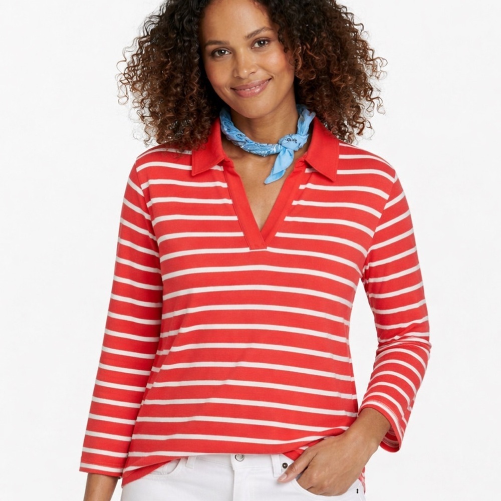 11‎ L.L.Bean Heritage Mariner Top, Splitneck Polo Three-Quarter-Sleeve Stripe